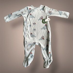 Cute Seal-Print Footed One-Piece - Light Blue